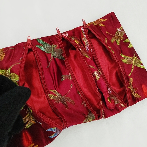 Red Brocade Jewelry Organizer Roll Bag Travel Jewel Pouch Woven Dragonfly Large - Picture 5 of 11